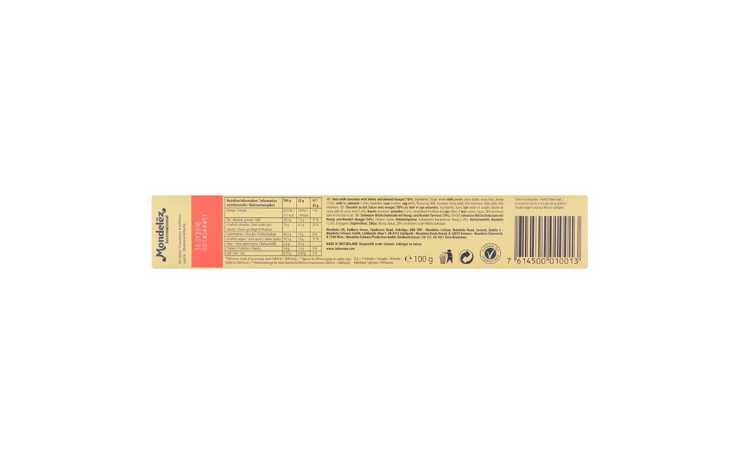 Mondelez Toblerone Swiis Milk Chocolate with Honey & Almond Nougat   Box  100 grams